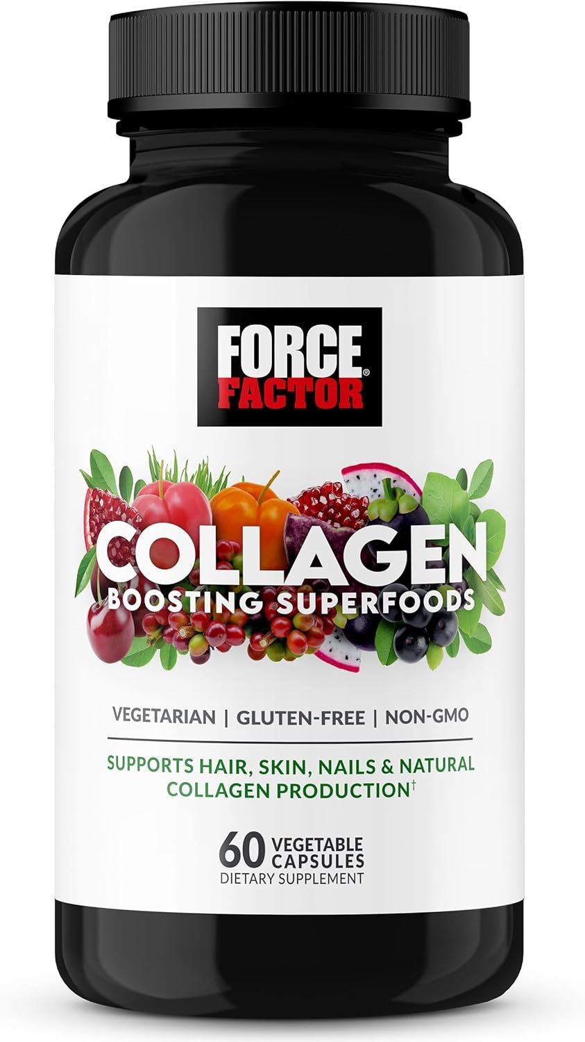 Force Factor Collagen Boosting Superfoods, Vegan Collagen Booster with Hyaluronic Acid, Biotin, Bamboo, Amino Acids & Vitamins for Hair, Skin, and Nails, Strengthener and Skin Supplement, 60 Capsules
