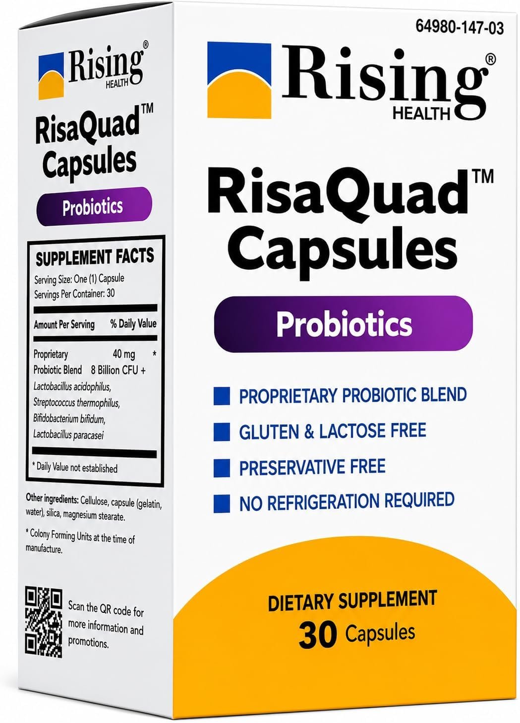 Rising Health RisaQuad™ Probiotic Capsules – 40 mg (8 Billion CFU+) Proprietary Probiotic Blend for Daily Digestive & Gut Health Support, 30 Capsules
