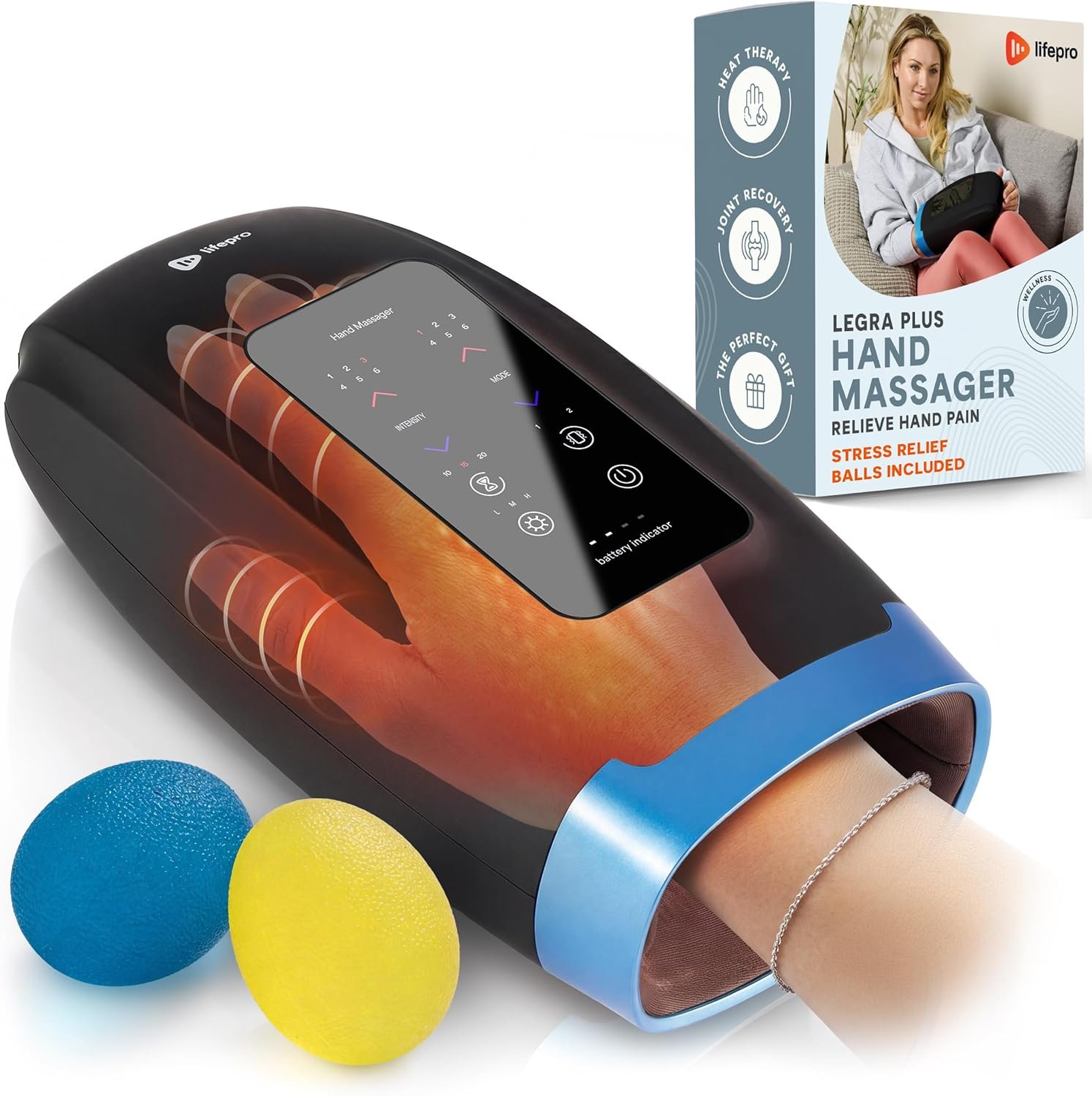 Lifepro Legra Hand Massager with Heat and Compression — Cordless Electric Hand and Wrist Massager with Multi Modes — Finger Palm Pressure Point Therapy for Arthritis and Carpal Tunnel