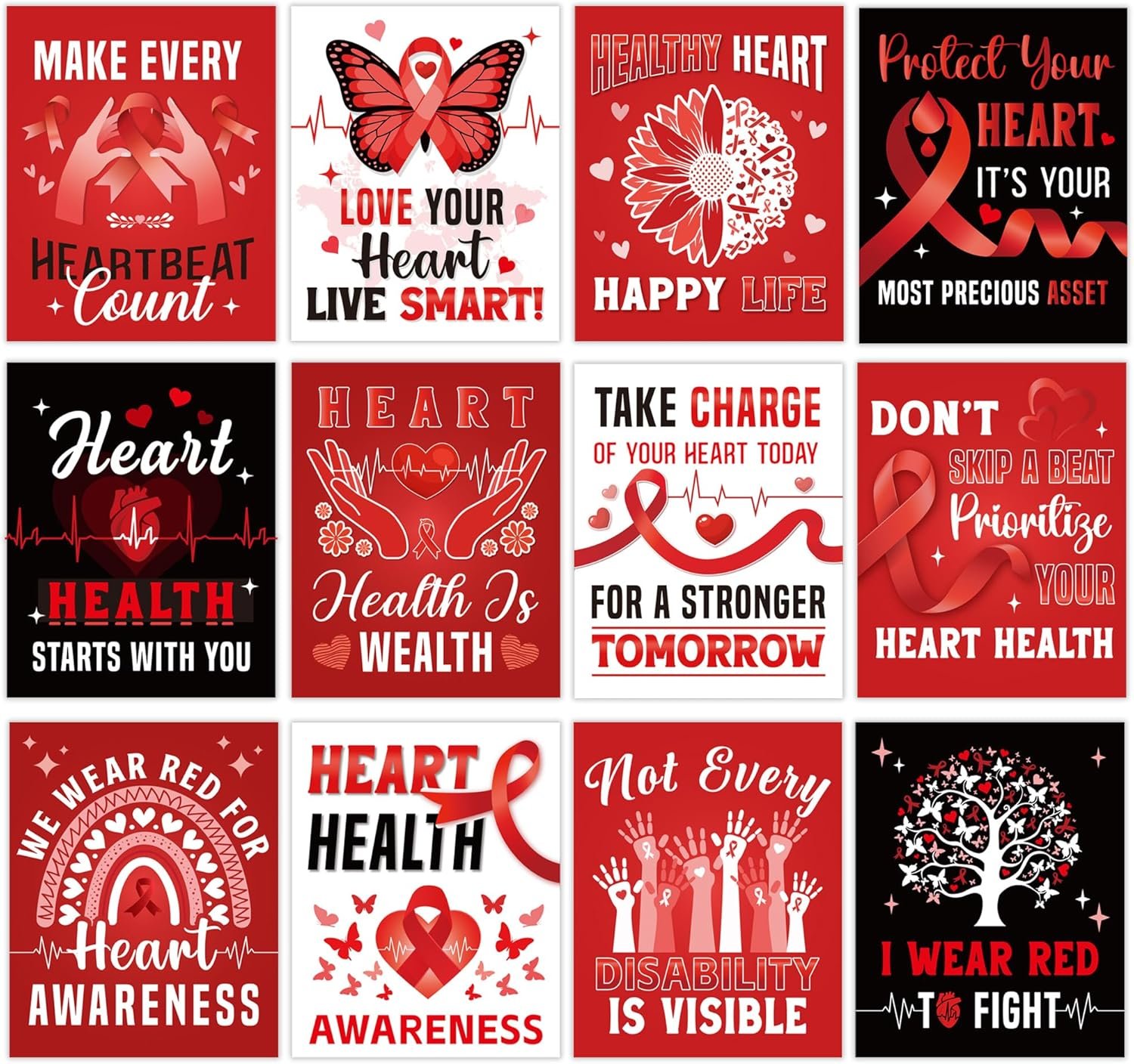 RUBOAOA Heart Health Awareness Educational Posters, 12 Pcs Go Red for Women Wellness Charts with Motivational Heart Health Messages, Visual Learning Wall Art for Office Wellness Programs 11″ × 14″