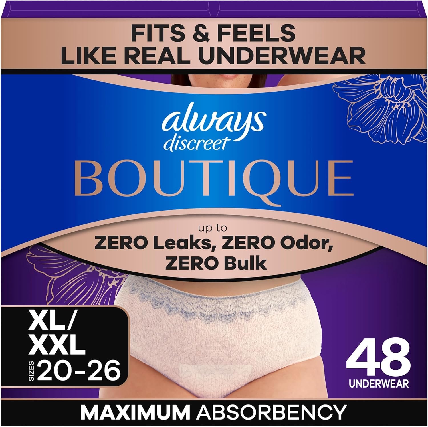 Always Discreet Boutique Black, Reimagined Adult Diapers for Women, Maximum Absorbency Incontinence and Postpartum Underwear Size XL/XXL, Fits and Feels Like Real Underwear, 48 Count​