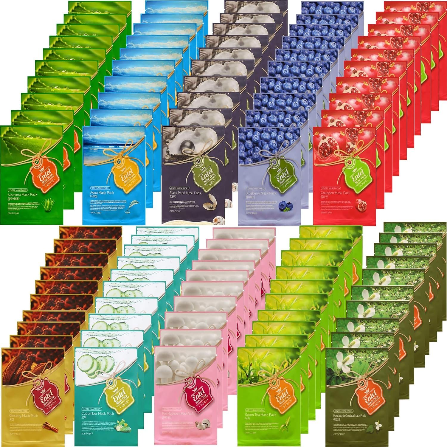Entel 100 Pcs Combo Set, Premium Korean Essence Facial Mask Sheet (10 Types x 10 pcs), Facial Face Mask, Skincare for Men and Women.
