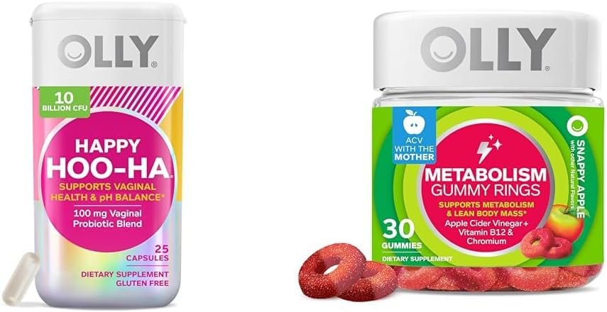 OLLY Happy Hoo-Ha Probiotic for Women Vaginal Health Capsules 25 Count & Metabolism Gummy Rings for Energy 30 Count