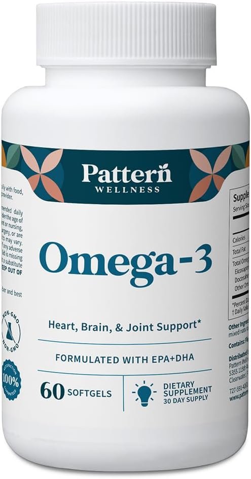 Pattern Wellness Omega 3 Softgels – Pure Fish Oil Formula – Helps Maintain Brain, Heart & Joint Health – 3rd Party Lab Tested – Non-GMO, Dairy-Free, Gluten-Free – 60 Softgels