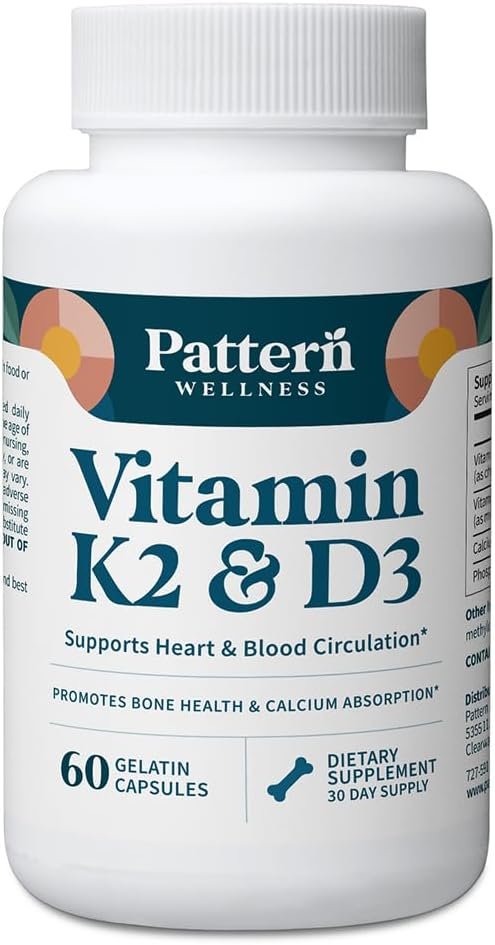 Pattern Wellness Vitamin K2 & D3 Supplement – 60 Capsules | Calcium – Bone Health, Circulatory Wellness & Immune Support – Non-GMO