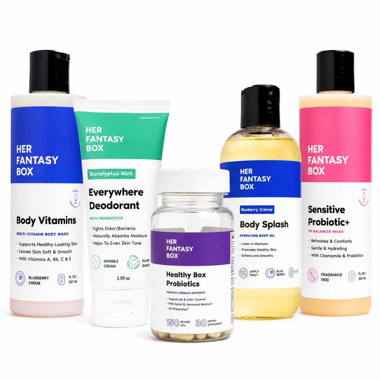 Her Fantasy Box | Hormone & Balance Kit – Body Wash, Sensitive Probiotic Wash, Women’s Probiotic, Blueberry Body Oil & Aluminum-Free Mint Deodorant