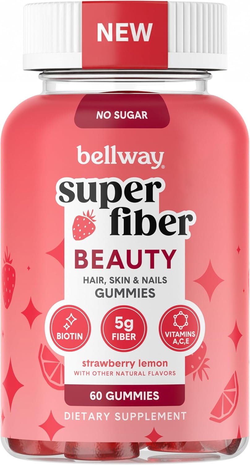 Bellway Super Fiber Gummies + Beauty – Sugar Free Fiber Supplement with Biotin & Vitamins A C E – Supports Digestive Health, Skin, Hair & Nails – 60 Count