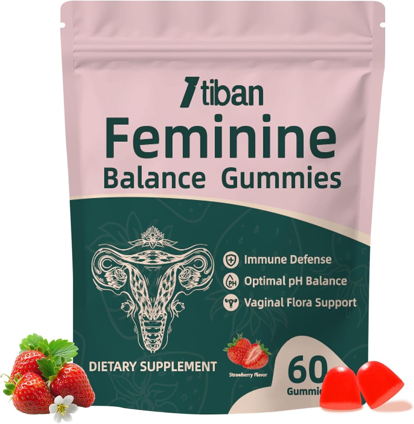 Women Gummies for pH Balance, Premium Feminine Vaginal Health Probiotics Her Gummy, Immune Support, Vegan, Gluten-Free, Strawberry Flavour 60 Gummies 30 Servings