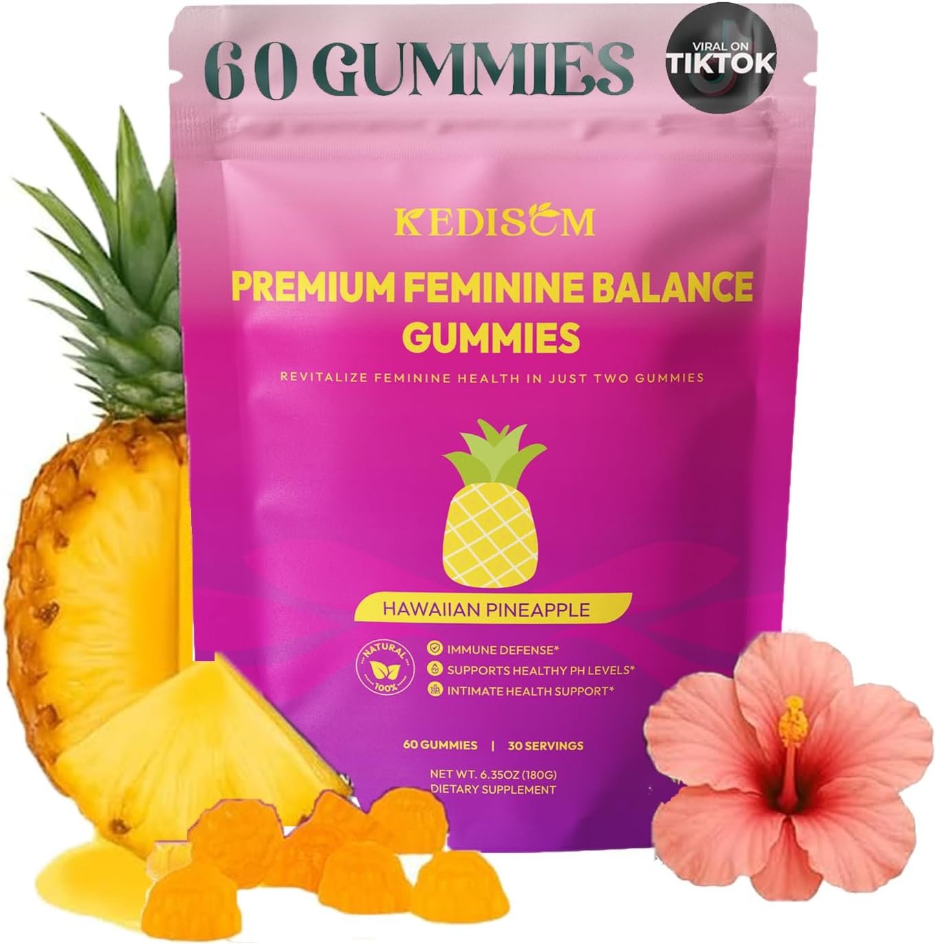 Premium Feminine Balance Gummies – for Women’s Health & Wellness – Immune Support – Vegan, Gluten-Free – Hawaiian Pineapple – 60 Gummies – 30 Servings