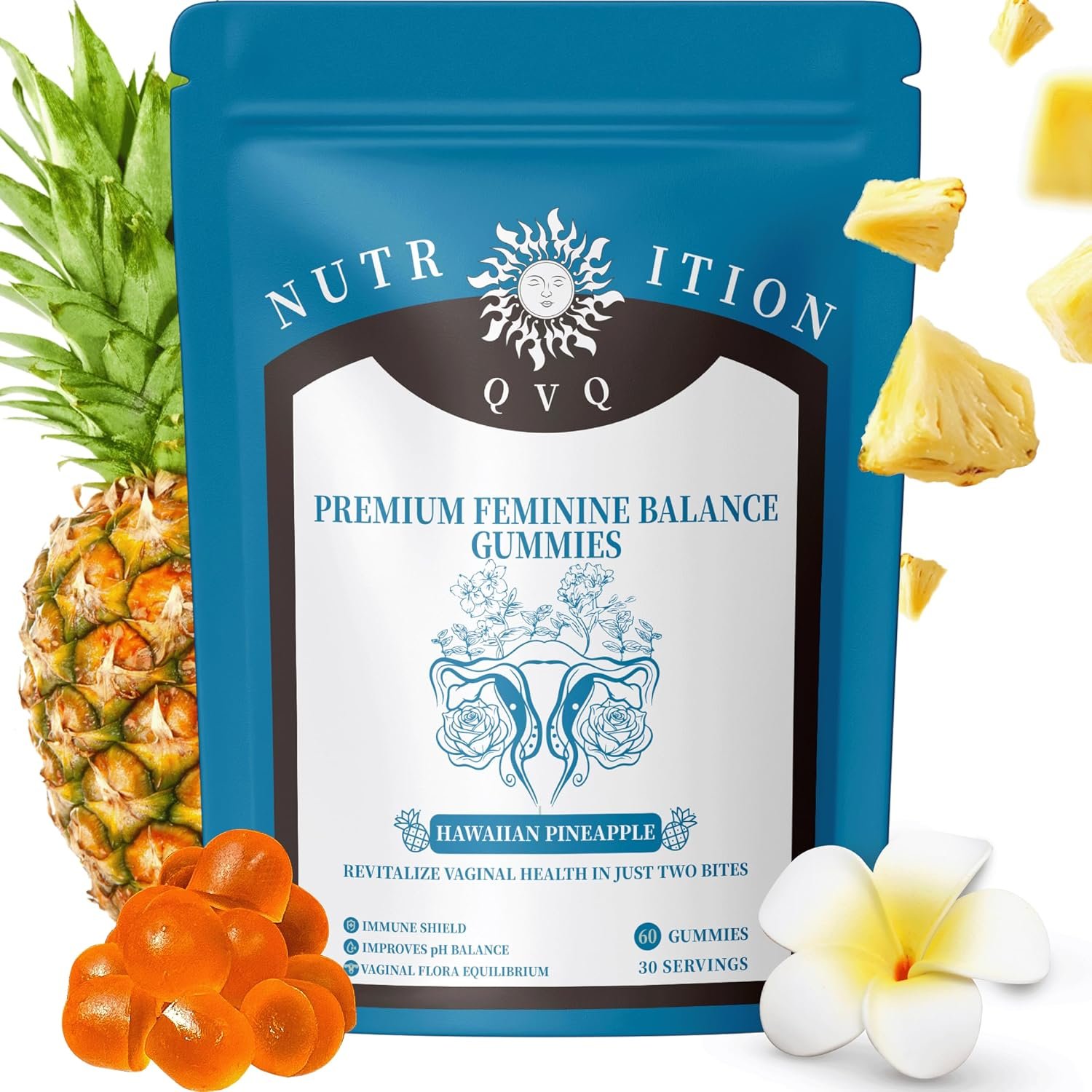 Organic Natural Sourcing Premium Feminine PH Balance Gummies for Women’s Health, Immune Support, Hawaiian Pineapple Flavor Gluten-Free, Vegan Premium Feminine Balance Gummies For women-60 Prebiotics