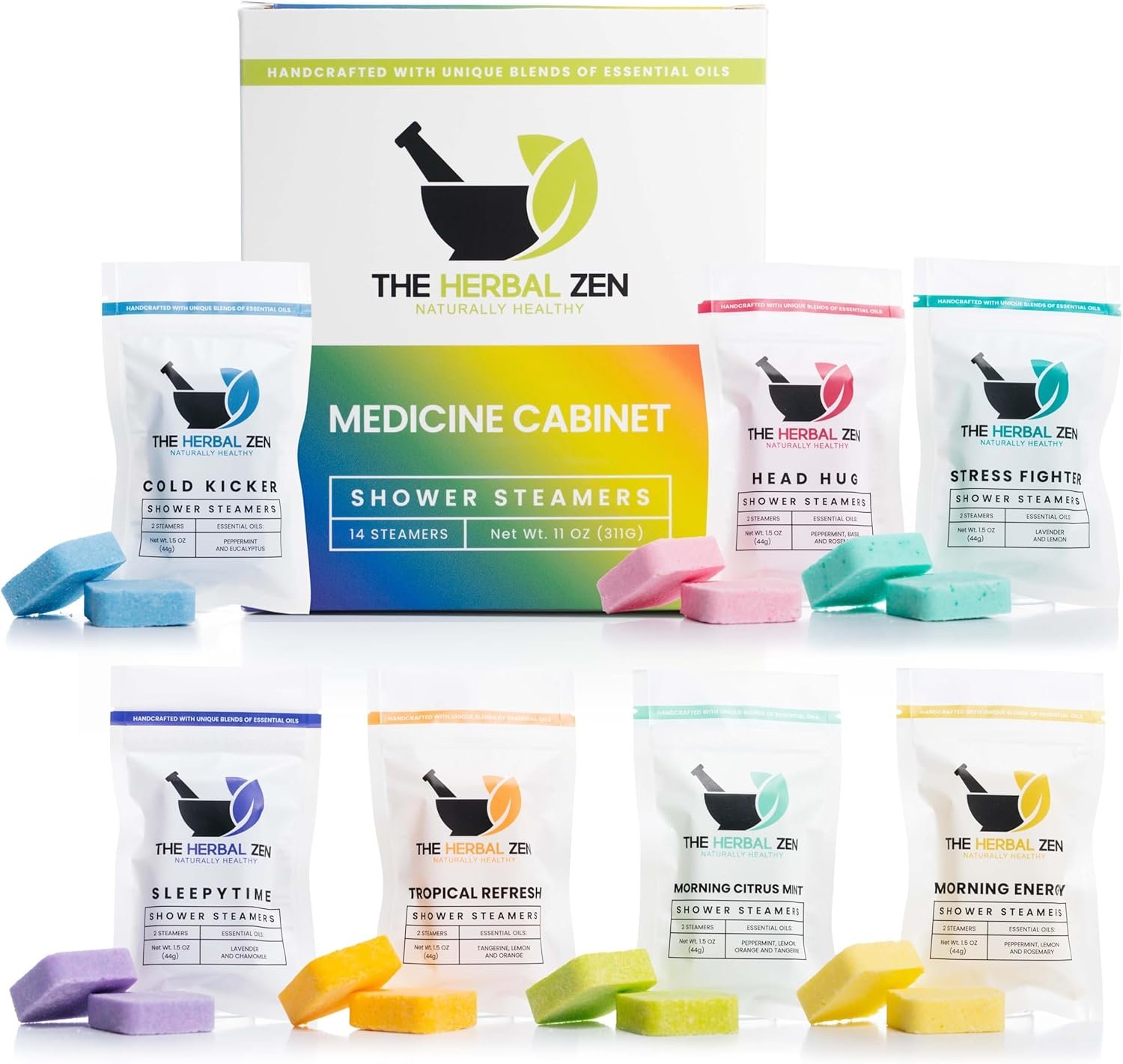 The Herbal Zen Shower Steamers Aromatherapy Tablets 14 Pack – 7 Pure Essential Oil Blends for Daily Relaxation and Wellness – Shower Bombs Gift Set for Women and Men