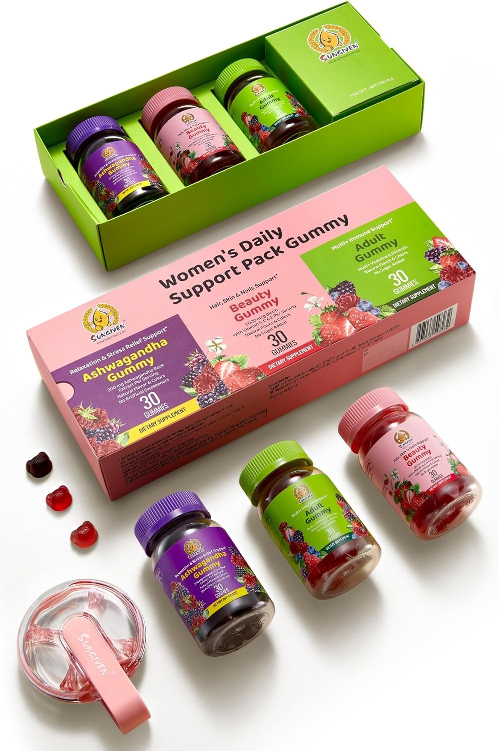 Women’s Multivitamin Gummy Pack, 3 Support for Hair Skin Nails Sleep Daily Health, Vitamins A, D, C, E, Biotin, Ashwagandha, Folic Acid, Adult Chewable Vitamin, Berry Flavor, 15 Day Supply – 90 Count