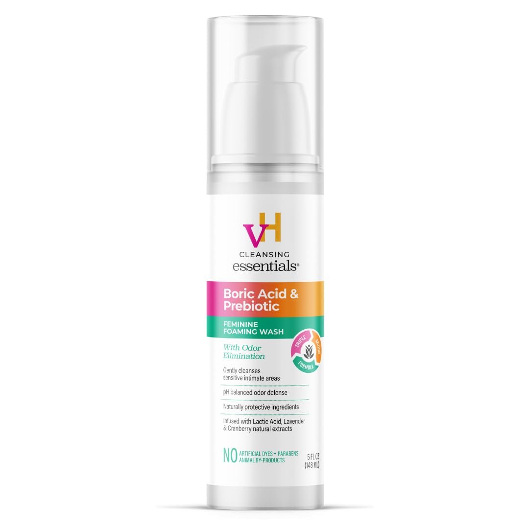 vH essentials Feminine Foaming Wash, Boric Acid and Prebiotics, 5 fl oz | Daily Cleanser with Lavender and Chamomile, Odor Eliminating, pH-Balanced, Gently Cleanses Sensitive Areas