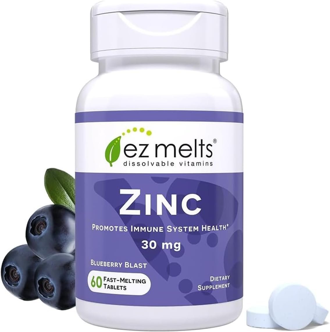 EZ Melts Dissolvable Zinc 30 mg, 60 Tabs (60 Servings), Blueberry Blast | Supplement for Immune, Digestive & Skin Health Support, Non-GMO, Vegan & Gluten-Free