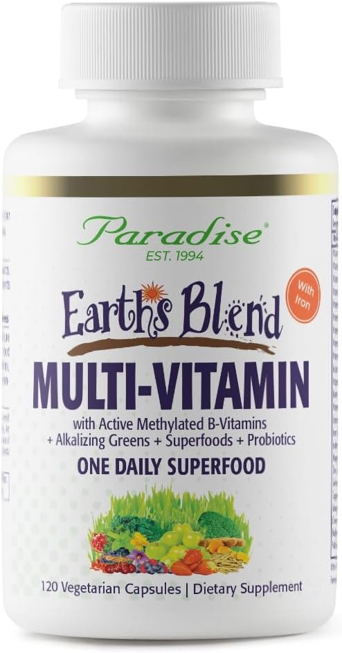 Paradise Herbs Earth’s Blend Multivitamin with Iron, 120 Capsules | Once daily dietary supplement with 48 organic superfoods, probiotics, antioxidants, and vitamins A, B12, C, D, K2