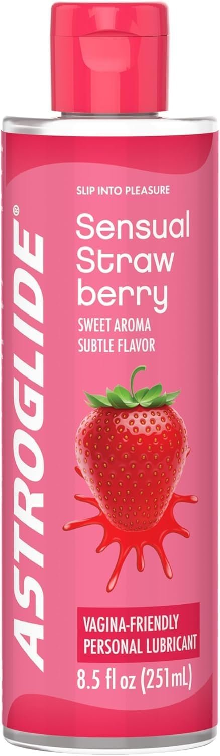 ASTROGLIDE Strawberry Flavored Edible Lubricant, Hypoallergenic, 8.5 Fl Oz | Delicious strawberry flavor with smooth water-based glide. Hypoallergenic, vaginal-safe, condom-compatible silky pleasure.