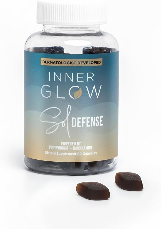 Inner Glow Sol Defense Gummies – Dermatologist & Plastic Surgeon-Formulated Skin Resilience Vitamin Supplement with Polypodium Leucotomos & Niacinamide, Passion Fruit Flavor, 60 Sugar-Free Gummies