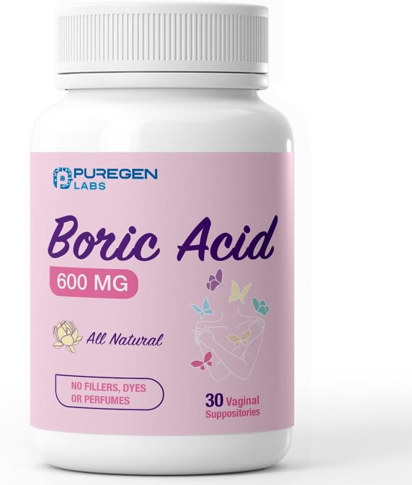Puregen Labs Boric Acid 600 mg Vaginal Suppositories – 100% Pure | All Natural Without Dyes or Fillers | Supports Vaginal pH Balance and Odor Control (30 Count)
