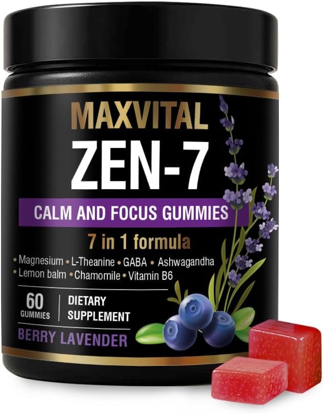 Calm & Focus Gummies for Adults – Daily Stress Support with L-Theanine, GABA, Ashwagandha & Magnesium – Sugar Free Vegan Gummies – Mental Clarity – 60 Count