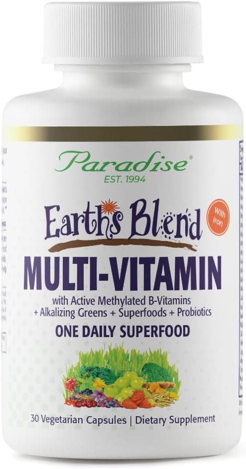 Paradise Herbs & Essentials Once Daily Multivitamin Iron Capsules | With 48 organic superfoods, probiotics, antioxidants, vitamins A, B12, C, D and K2 in a 30 count dietary supplement.