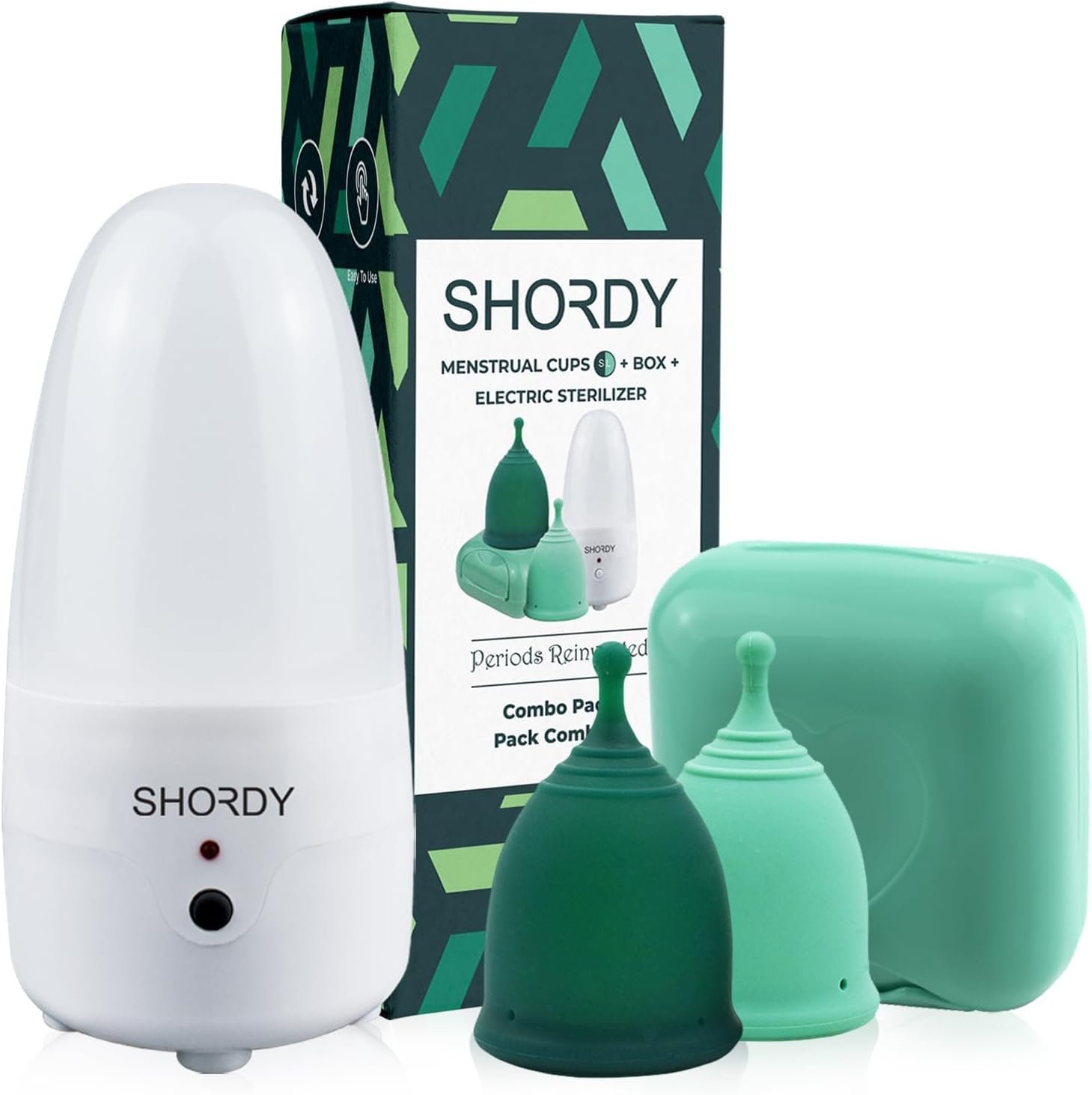 SHORDY Menstrual Cups Beginner Kit – Small & Large with Electric Sterilizer | Light To Heavy Flow Period Cup Bundle With Steamer Cleaner For Easy Wash, 12-Hr Leak Protection, Tampon & Disc Alternative