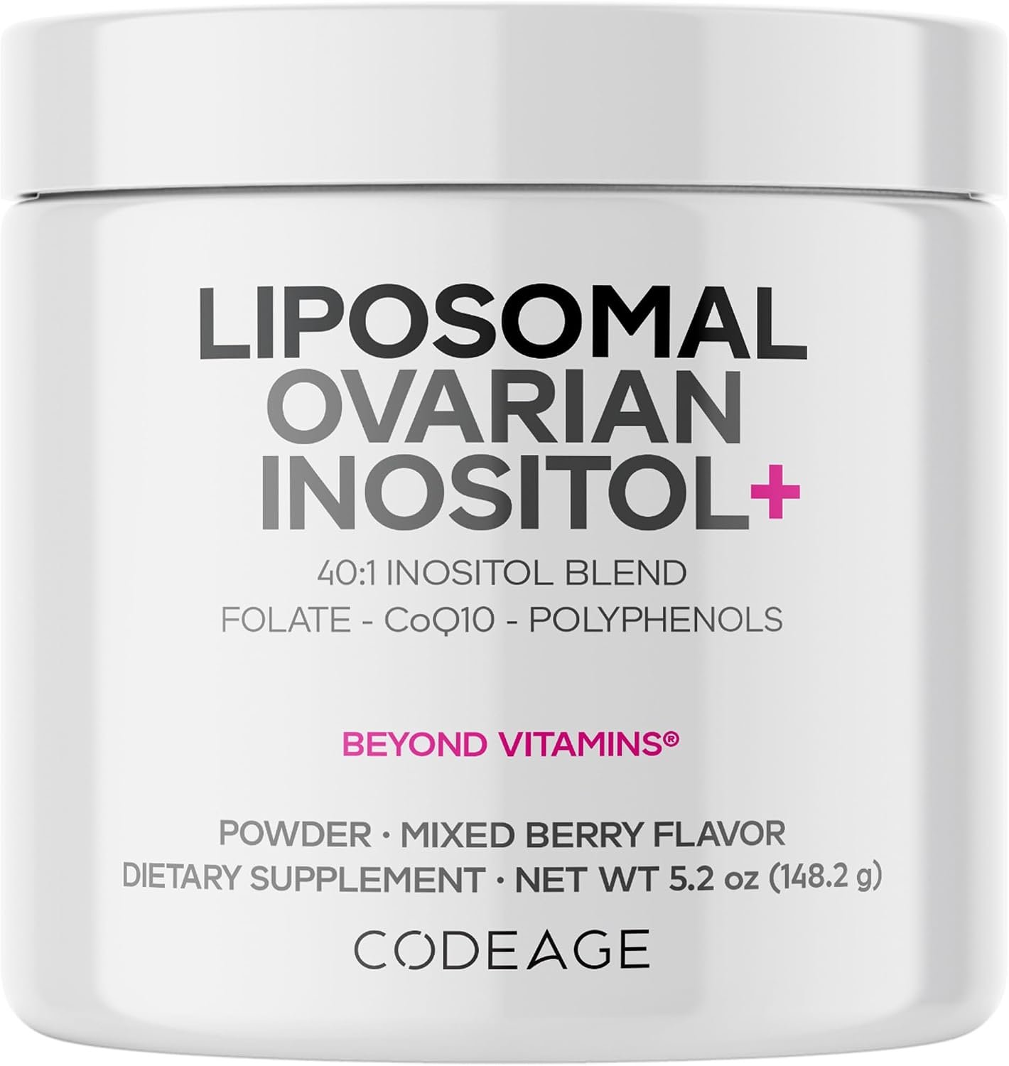 Codeage Liposomal Inositol Powder, Myo & D-Chiro 40:1, Folate, Berry, 5 Oz | Myo and D-chiro inositol 40:1 with folate 5-MTHF, CoQ10 and botanicals. For women, two-month supply. Non-GMO.