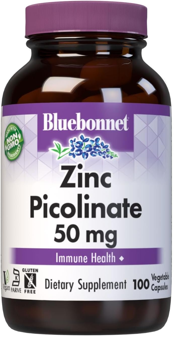 Bluebonnet Nutrition Zinc Picolinate 50 mg Vegetable Capsules, Best for Hormonal & Immune Health, Prostate Health, Skin, Vegan, Non GMO, Gluten Free, Soy Free, Milk Free, Kosher, 100 Vegetable Capsule | Hormonal & Immune Health & Prostate Health; Vegan, Kosher