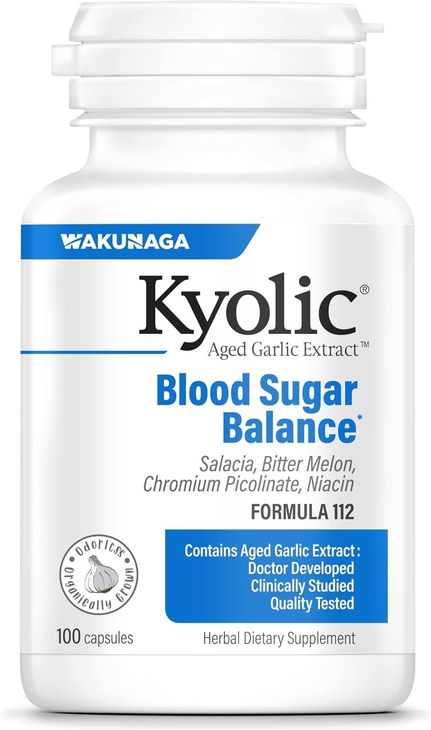 Kyolic Aged Garlic Extract Blood Sugar Balance* Formula 112, 100 Capsules | Supports Healthy Blood Sugar Balance*, with AGE, Salacia, Niacin, Chromium Picolinate and Bitter Melon Extracts, GMO-Free