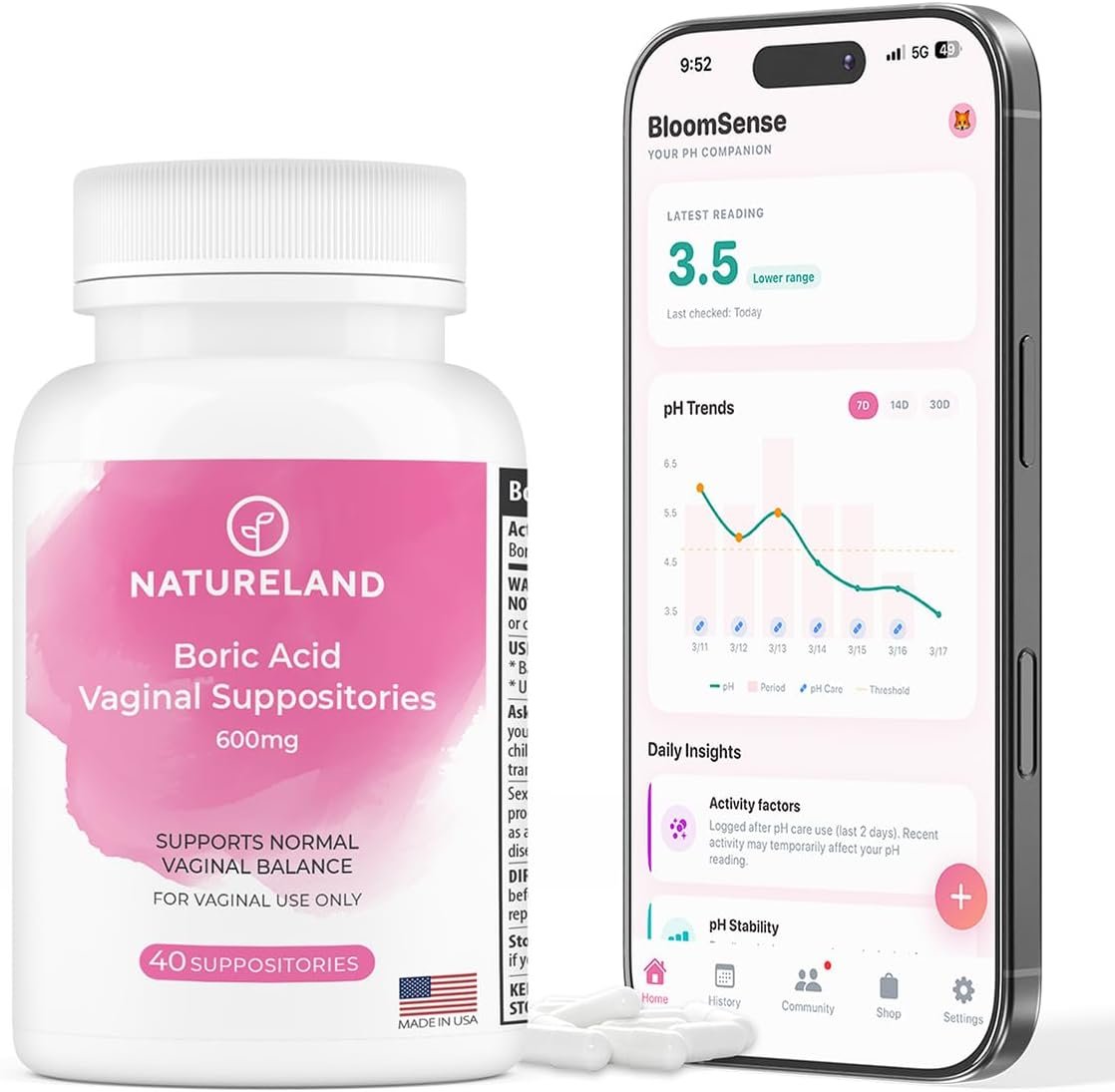 Natureland Boric Acid Suppositories for Women 600mg, Made in USA, 40 Count | Premium feminine care for pH balance and odor control; gentle intimate health support for everyday freshness and comfort