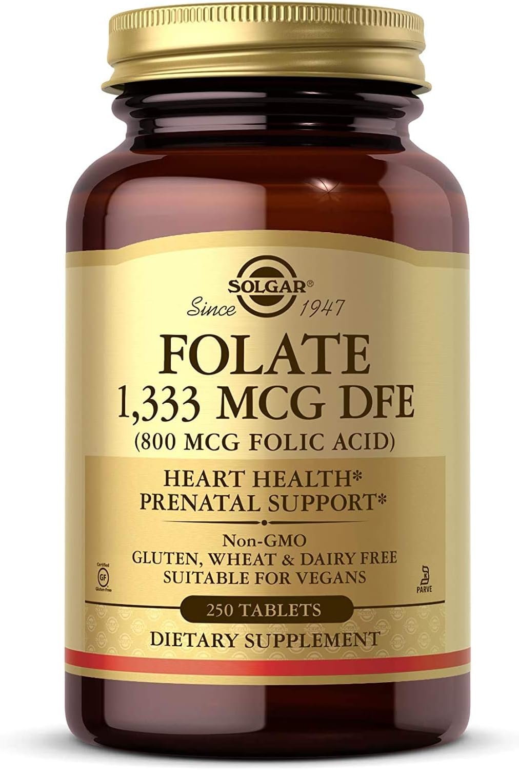 Solgar Folate 1,333 MCG Dietary Folate Equivalent, 250 Tablets | (800 MCG Folic Acid), Heart Health, Healthy Nervous System, Prenatal Support – Non-GMO, Vegan, Gluten Free, Dairy Free
