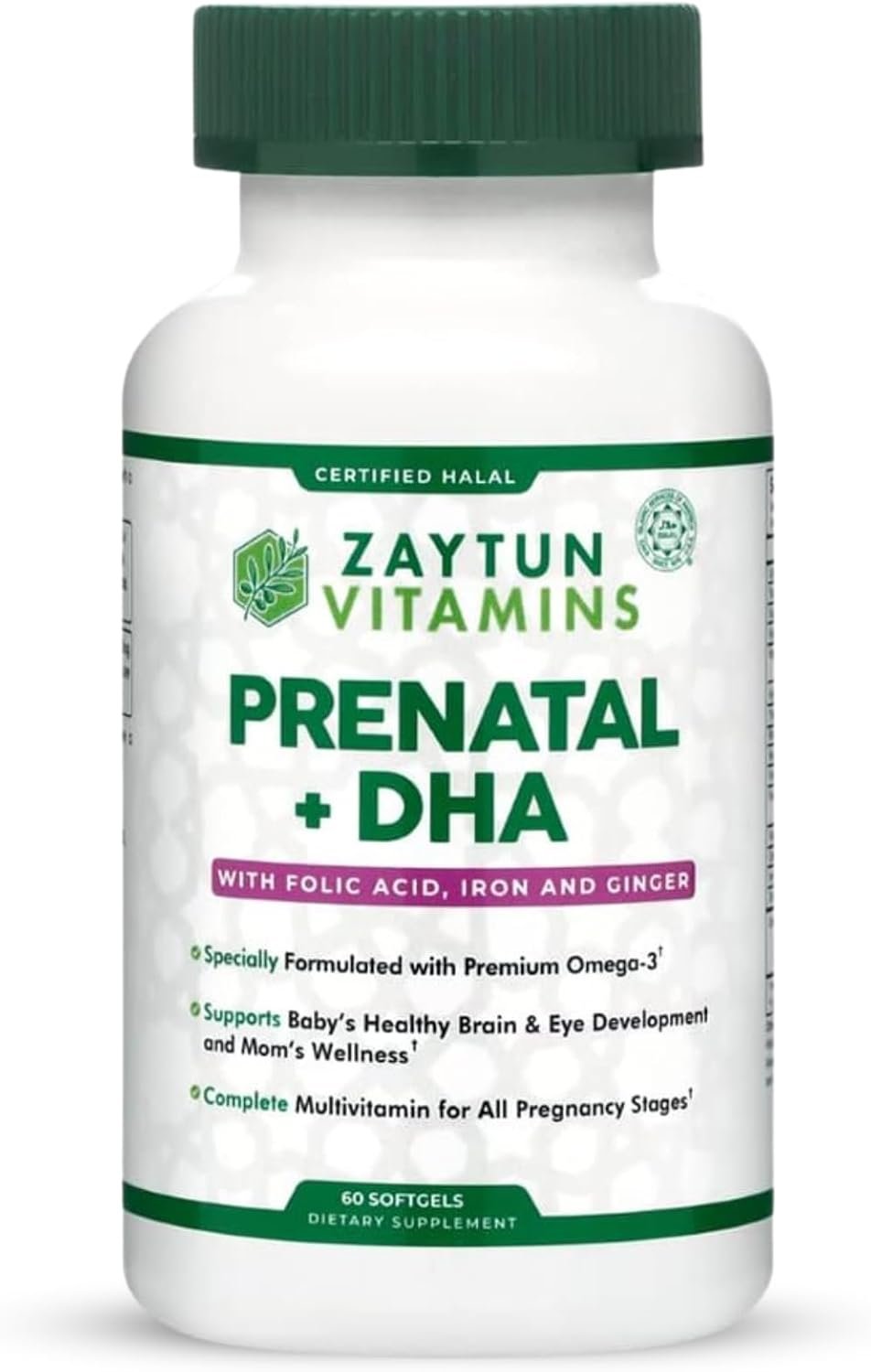 Zaytun Vitamins Halal Prenatal Vitamins + DHA, Folic Acid Iron, Ginger for Soothing, One Daily, for All Pregnancy Stages, Gluten Free, Non-GMO, 60 Softgels, 2 Months Supply, USA Made, Halal Vitamins