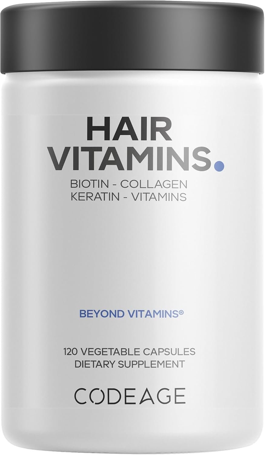 Codeage Hair Vitamins, Biotin 10000 mcg, Keratin, Collagen, 120 Capsules | Hair vitamins with 10,000 mcg biotin, keratin, collagen, vitamins A, B12, C, D3, zinc and probiotics.