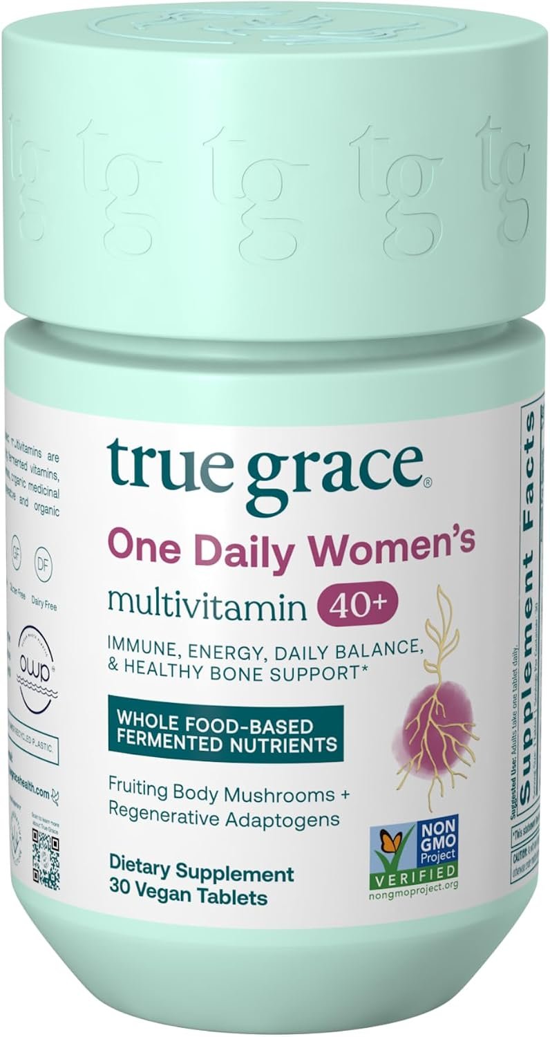 True Grace One Daily Women’s Multivitamin 40+ Fermented Minerals, Organic Adaptogens & Mushrooms Energy, Immune, Bone Support – Non-GMO – Iron, Gluten & Soy Free – 30 Vegan Tablets