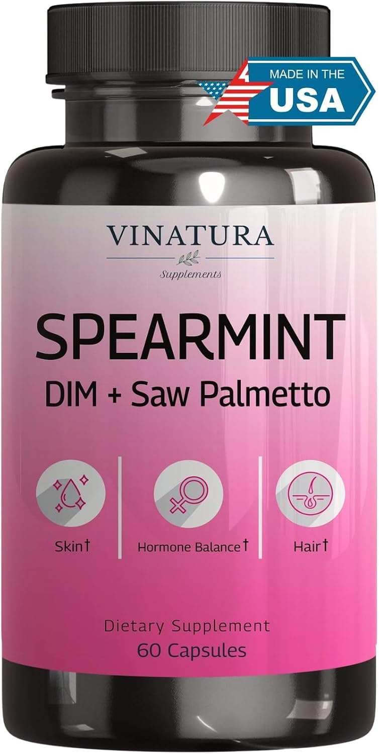 VINATURA Spearmint Capsules Supplement – Spearmint Leaf Extract Enhanced with DIM & Saw Palmetto, for Unwanted Hair, Women Health & Skin, 60 Capsules