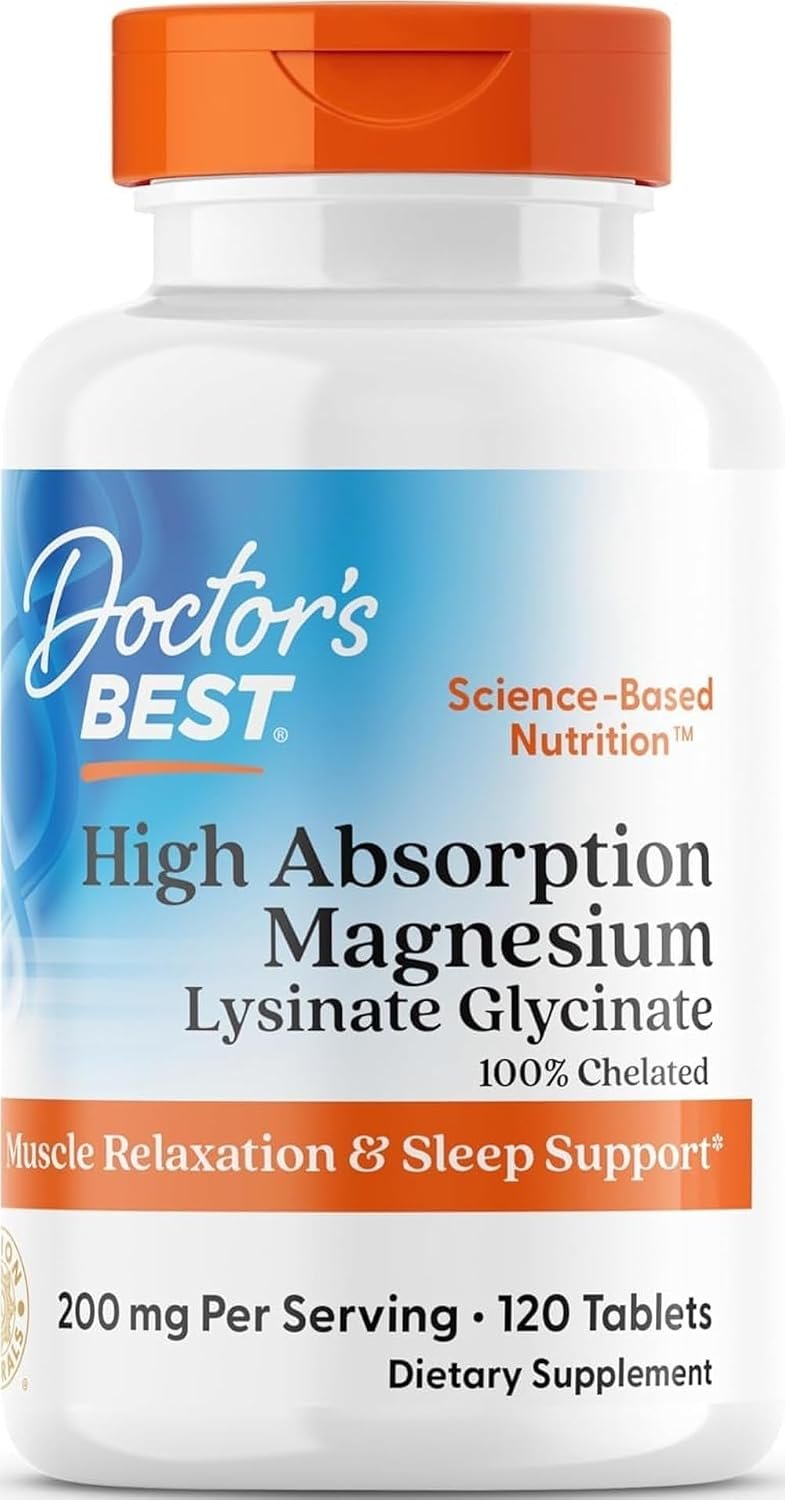 Doctor’s Best High Absorption Magnesium Glycinate Lysinate, 120 Count | Supplement for Sleep Support, Chelated Magnesium Tablets for Women & Men, 200mg per Serving, Calm & Relaxation Support, Vegan