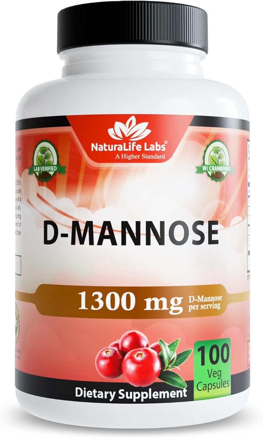 NaturaLife Labs Organic D-Mannose 1300mg + Organic Cranberry Extract 100mg per Serving – Urinary Tract Support – Non-GMO, Gluten-Free & Vegan – 100 Capsules