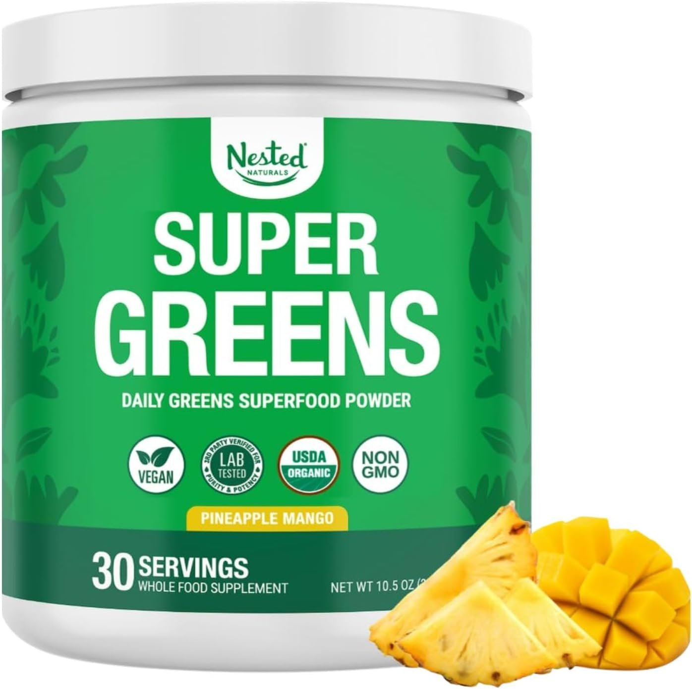 Nested Naturals Super Greens Daily Superfood Powder – Certified USDA Organic Green Powder w/Whole Foods, Spirulina, Wheat & Barley Grass – Probiotics, Fiber & Enzymes – Pineapple Mango, 30 Servings