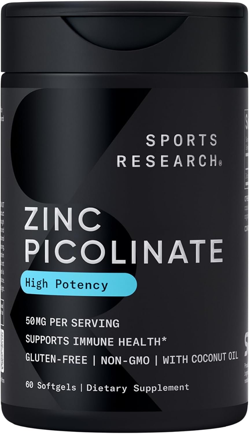 Sports Research® Zinc Picolinate 50mg w/Organic Coconut Oil, 60 Softgels | High Potency Zinc Supplement for Healthy Immune & Enzyme Function – Non-GMO Tested & Gluten-Free, 60 Servings