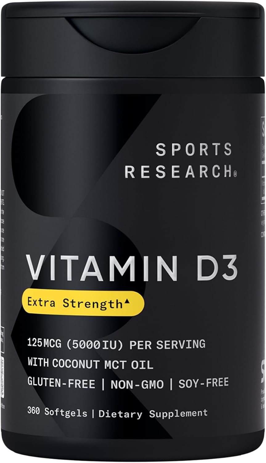 Sports Research® Vitamin D3 5000iu/125mcg with Coconut Oil, 360 Softgels | Extra Strength Vitamin D Supplement | Immune, Bone, Mood Support | Non-GMO, Soy Free – 360 Servings