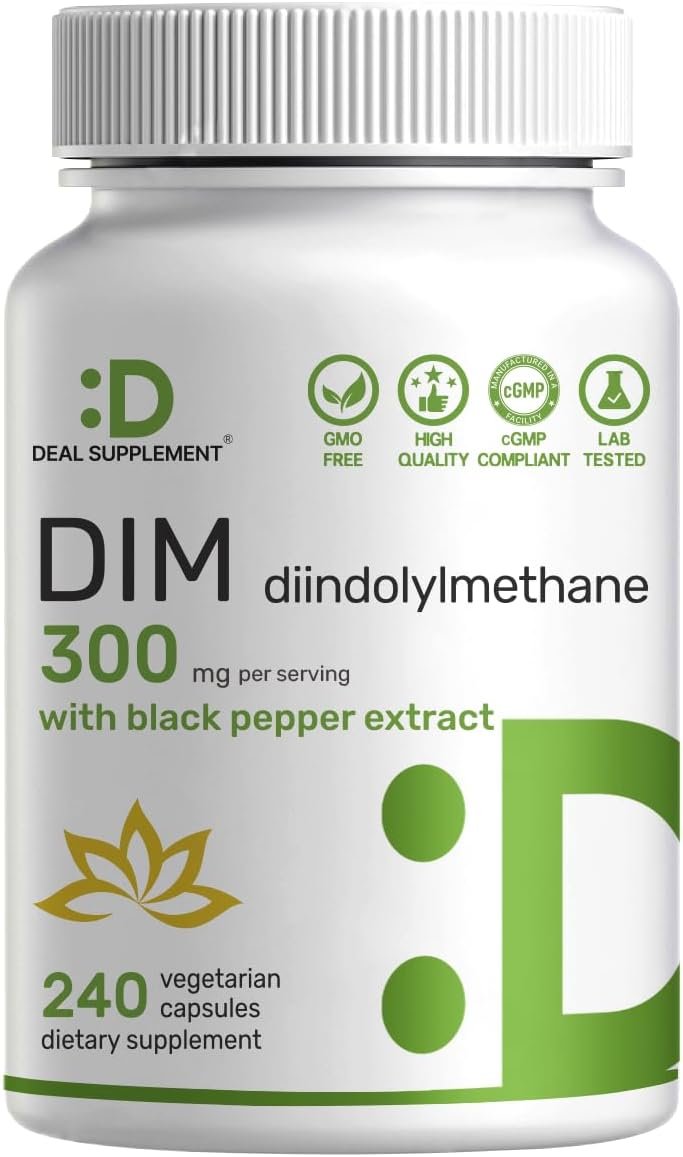 DIM Supplement 300mg with Black Pepper, 240 Vegetarian Caps, 4 Months Supply | 2-in-1 Dim Supplement for Women & Men | Diindolylmethane Plus Black Pepper Extract for Enhanced Absorption