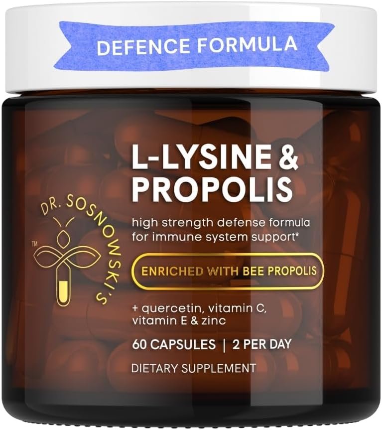 Dr Sosnowski’s L-Lysine & Propolis Supplements | High Potency L Lysine Immune Support Formula with 5:1 Propolis Extract, Quercetin, VIT C, VIT E and Zinc