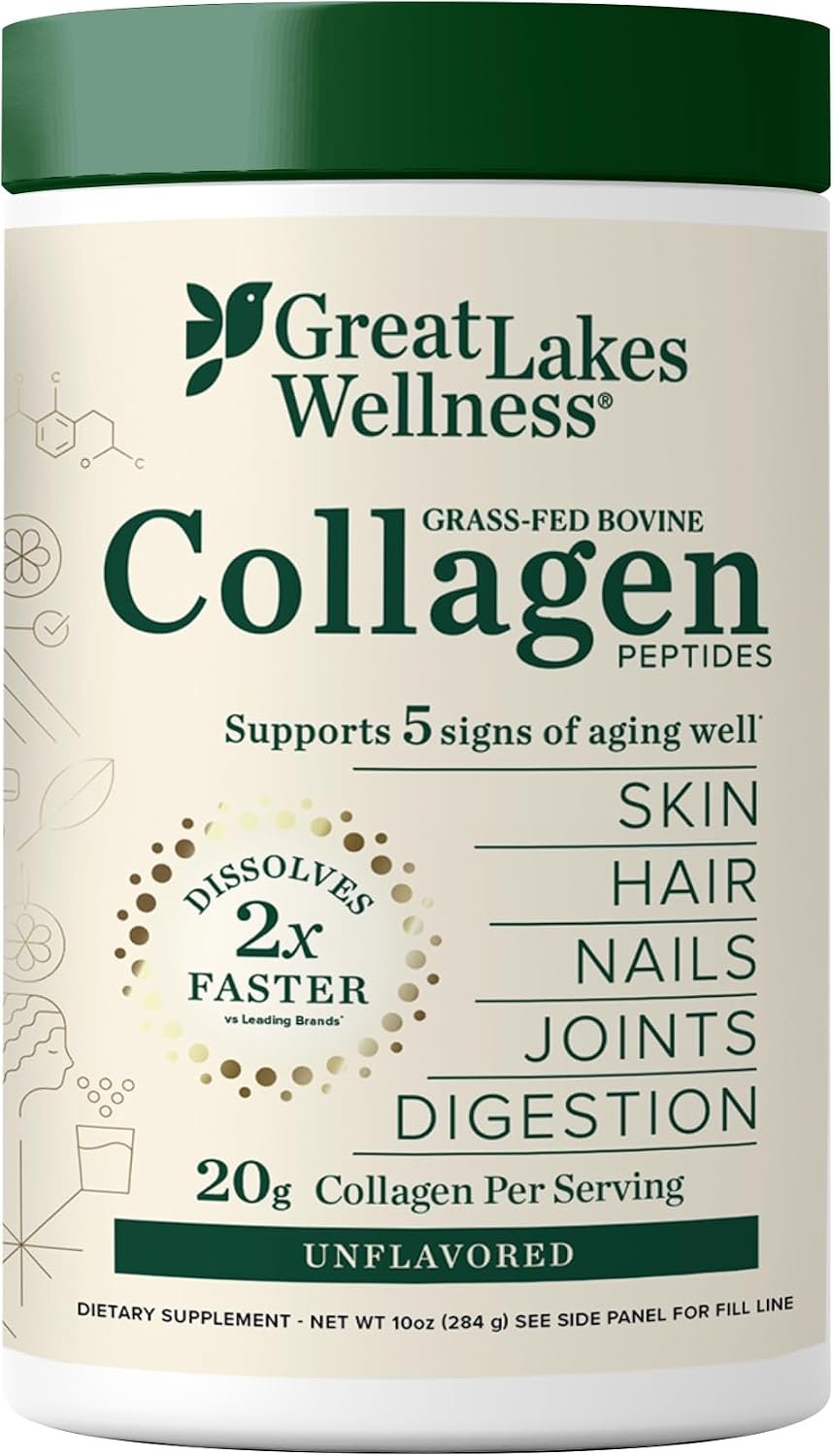 Great Lakes Wellness Collagen Peptides Powder – Supports Skin, Hair, Nails, Joints & Digestion – Hydrolyzed, Non-GMO, Keto & Kosher – Pure Collagen Protein (16 oz, 22 Servings) Packaging may vary