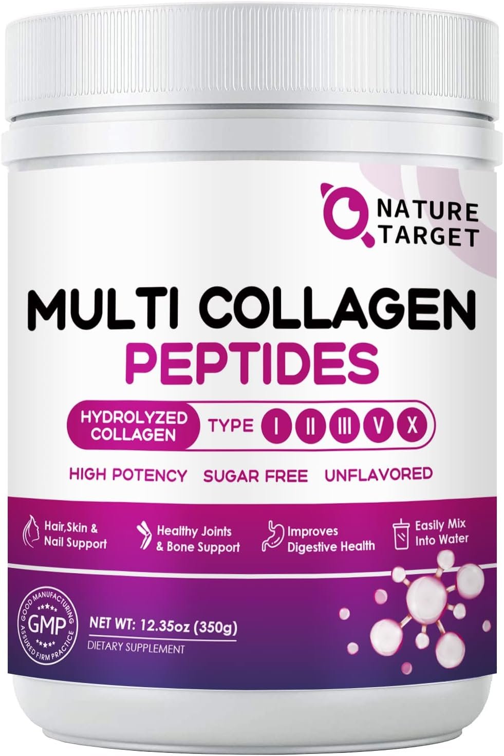 NATURE TARGET Multi Collagen Peptides Powder, 35 Servings | Type I, II, III, V, X, Hydrolyzed Collagen Peptides with Vitamin C Hyaluronic Acid, Supports Skin Hair Nail & Joint