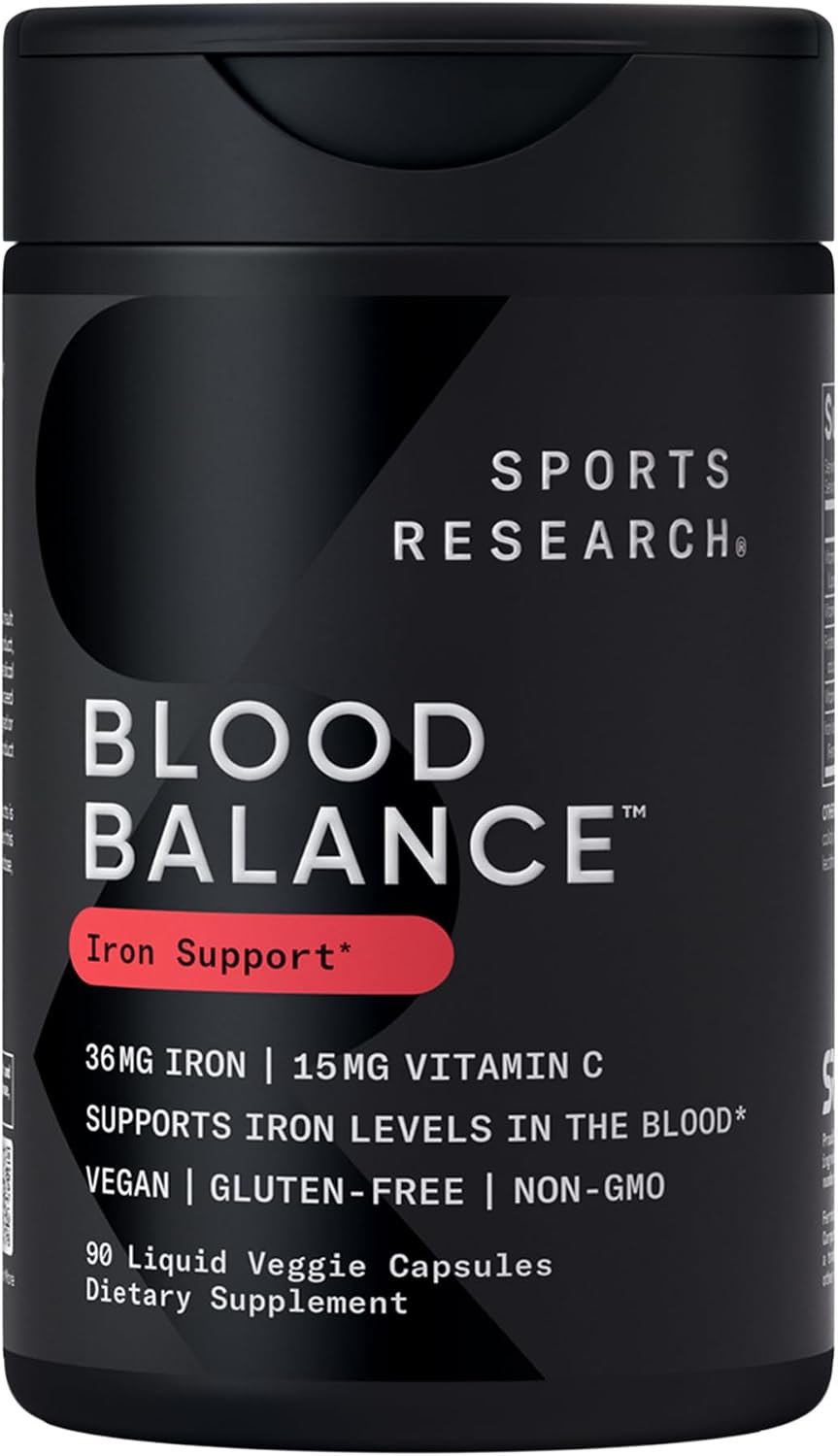Sports Research® Blood Balance Iron Supplement 36mg, 90 Liquid Caps | 36mg Iron, Folate & Vitamin C for Absorption | Red Blood Cell Support for Women & Men | Vegan Certified, Non-GMO, Gluten-Free