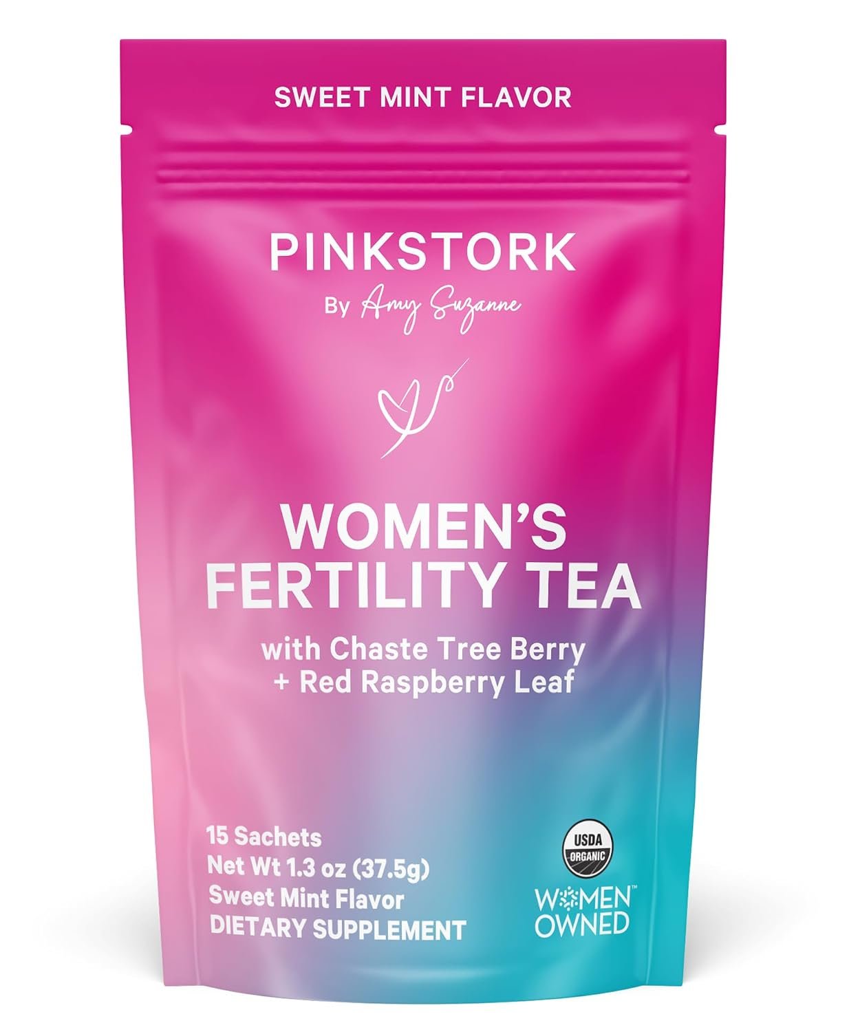 Pink Stork Fertility Tea, Organic Vitex + Cycle Support, Sweet Mint, 15ct | USDA Organic Herbs | Caffeine-Free Conception Tea | Hormone Balance, Cycle Regularity Support | Compostable Sachets | 30 Cups