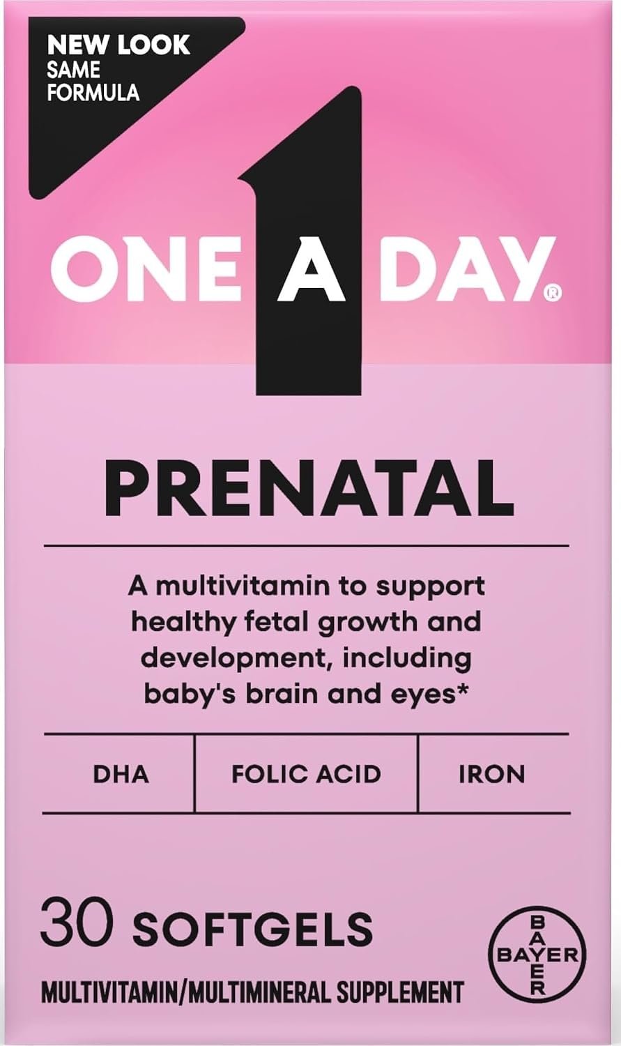 One A Day Prenatal Vitamins- Folic Acid, Iron, Omega- 3 (DHA), Pregnancy Vitamins for Women, Prenatal Multivitamin for Mom and Baby Support, Pregnancy Must Haves 30 Ct (Packaging May Vary)