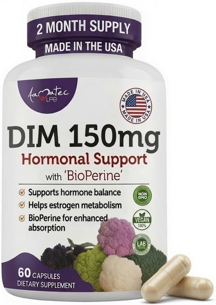 Women’s DIM Complex 150mg – Bioperine Estrogen Balancing Pills for Menopause & Hot Flashes Relief Support Hormonal Acne Powerful Supplement – 60 Capsules – Made in USA