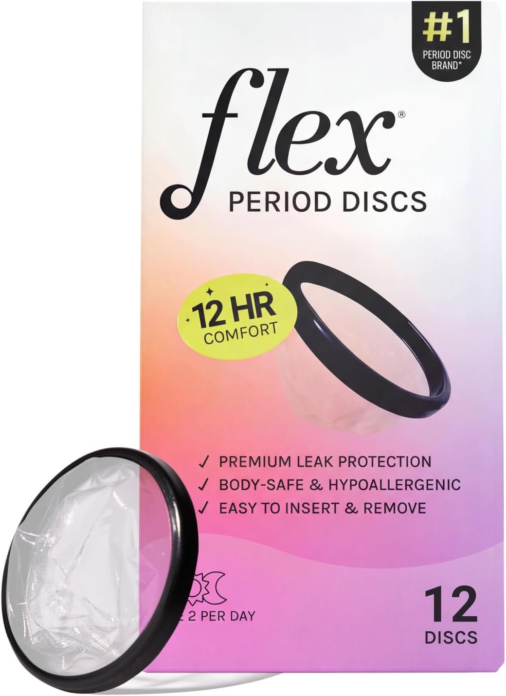 Flex Menstrual Discs | Disposable Period Discs | Reduce Cramps & Dryness | Beginner-Friendly Tampon Alternative | Capacity of 5 Super Tampons | Made in Canada | 12 Count