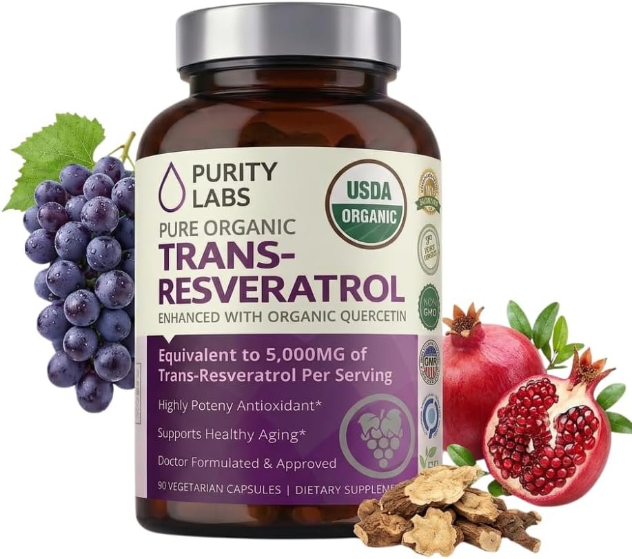 Purity Labs Trans-Resveratrol Supplement 5,000 mg Equivalent per Serving with Quercetin, USDA Organic High Potency Antioxidant, Vegan Capsules, 90 Count