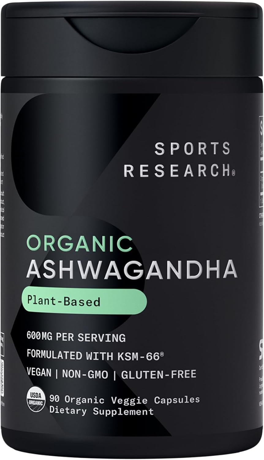 Sports Research® Organic Ashwagandha 600mg w/KSM-66®, 90 Count | Adaptogen for Relaxation, Calm & Sleep support | Made with Organic KSM-66® | Non-GMO, Gluten-free, Vegan – 90 Servings
